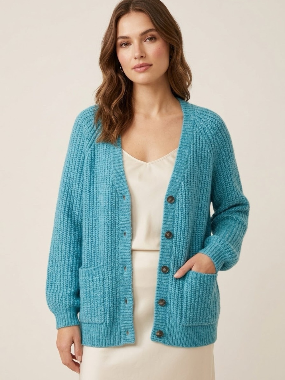 LOFT Teal Blue Chunky Wool Ribbed Knit V-Neck Button Cardigan Sweater Large